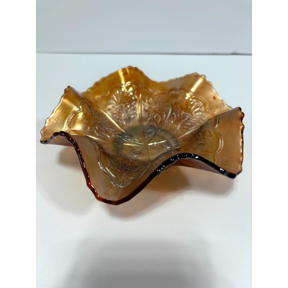 Vintage Marigold Carnival Glass Bowl Ruffle Edge IrIridescent Floral Collectible
